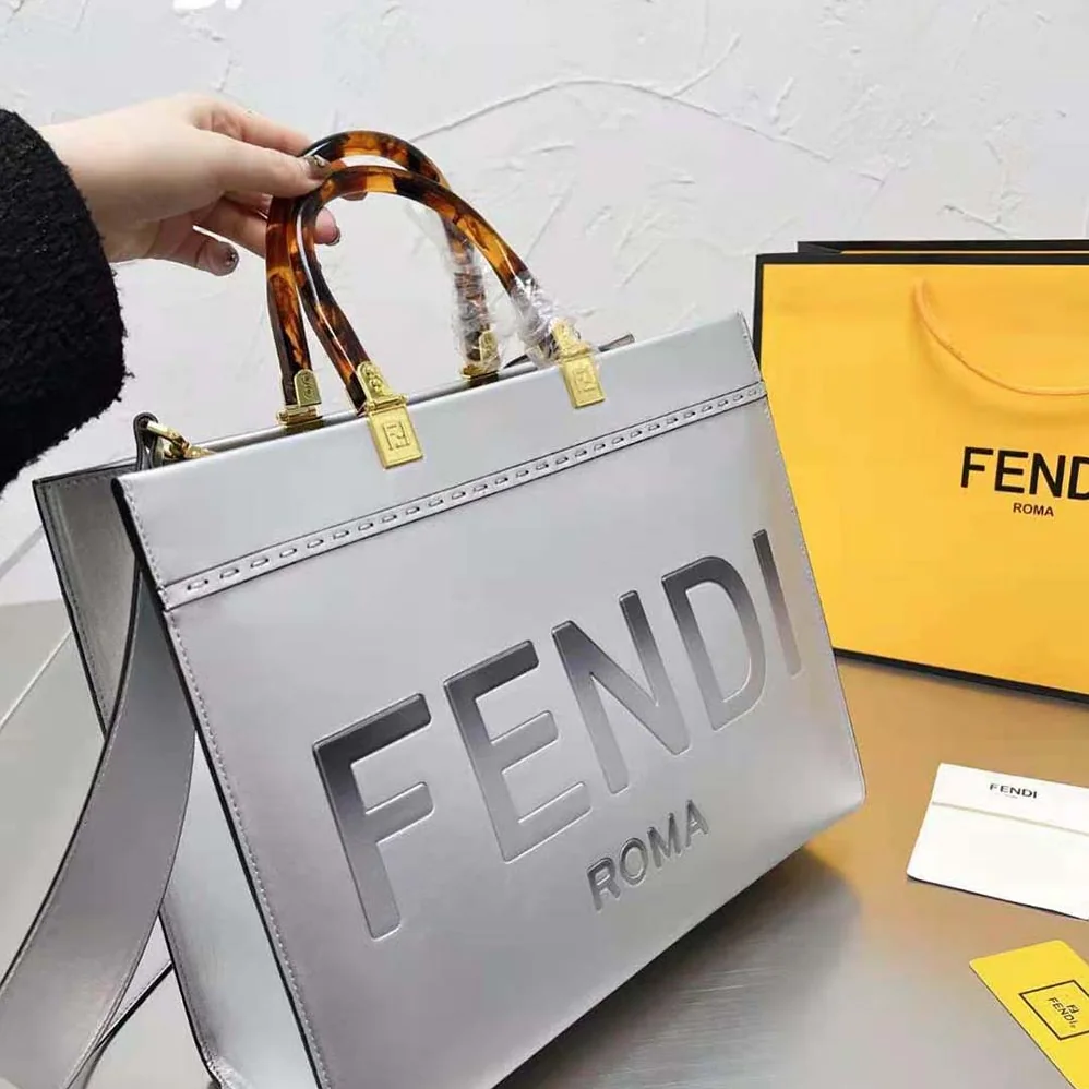 Fendi Fendi Sunshine Medium Silver Laminated Leather Shopper for Women