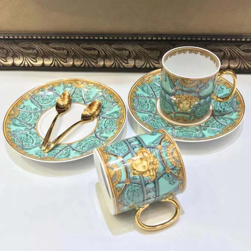 Versace Scala Del Palazzo Coffee Set Includes A Coffee Cup with Handle and A Matching Saucer for Unisex in Blue