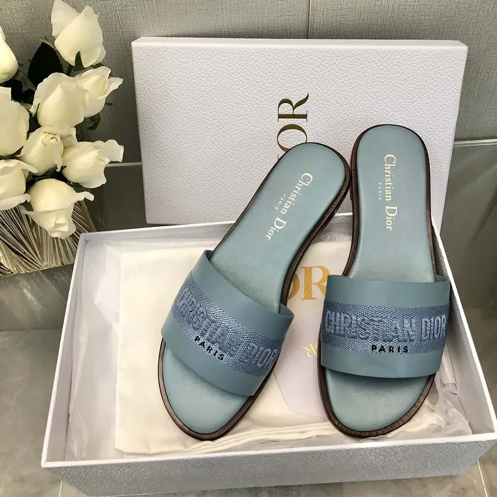 Dior Dway Slide Pastel Blue Calfskin and Embroidered Cotton for Women