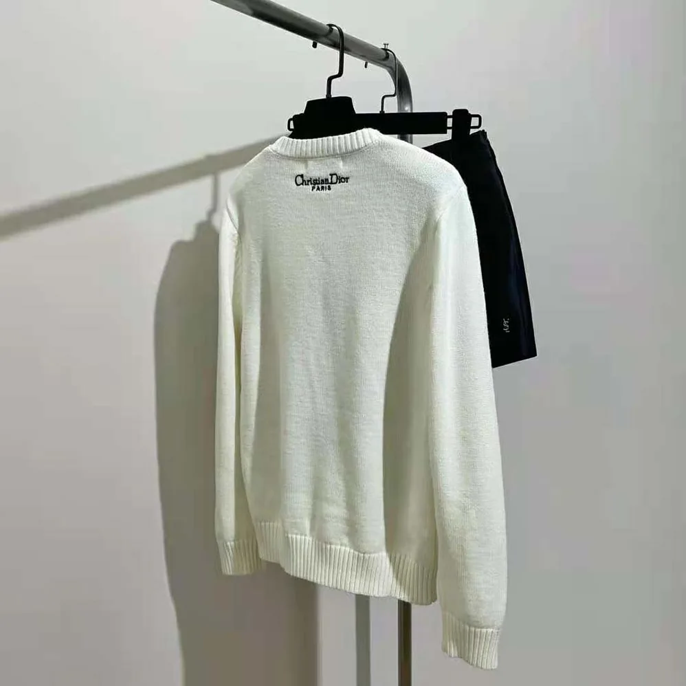 Dior Embroidered Sweater Ecru Cashmere Knit with Pastel Midnight Blue Butterfly Around The World Motif for Women