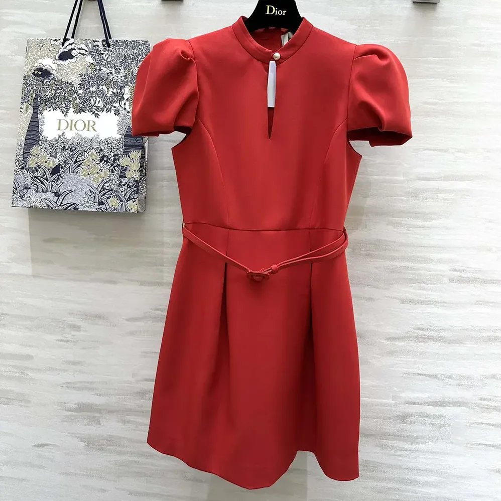Dior Short Belted Dress Bright Red Lightweight Wool and Silk for Women