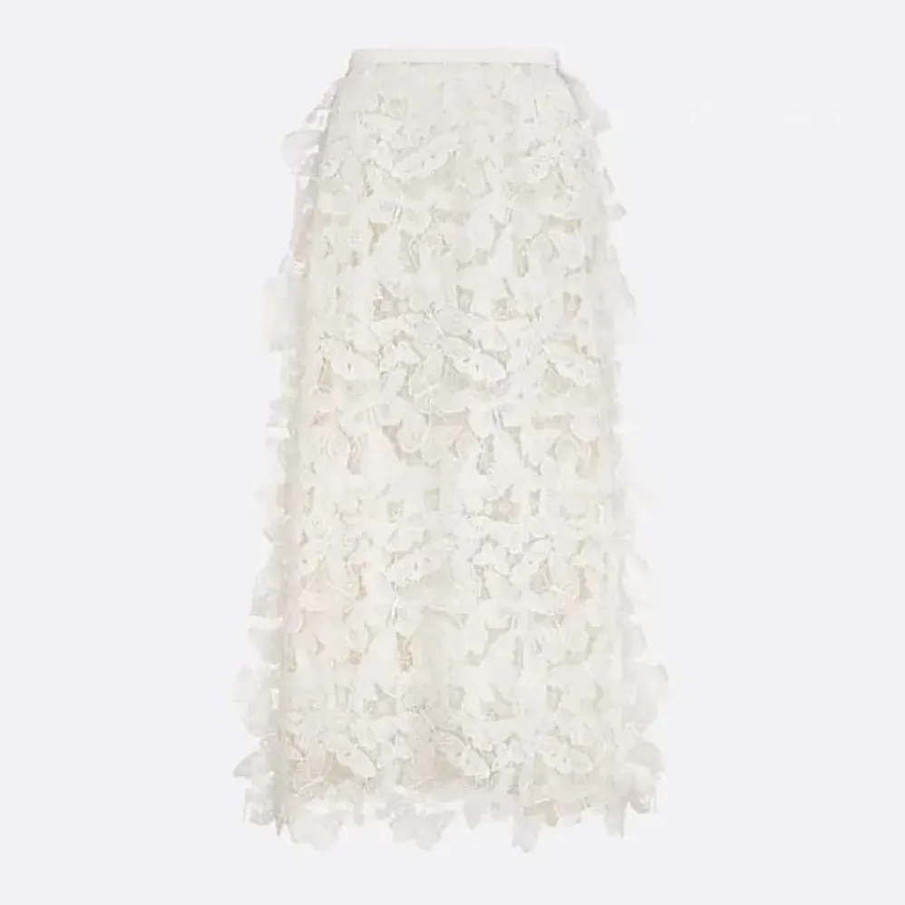 Dior Mid-Length Skirt Ecru Cotton-Blend Lace with Allover Butterfly Motif for Women