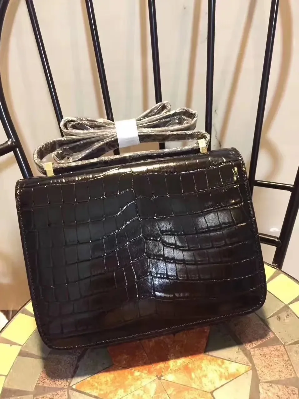 Hermes Constance 24 Pattern Crocodile Black