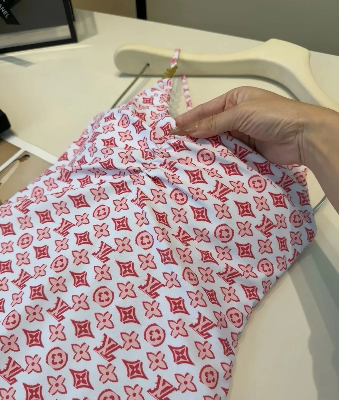 Louis Vuitton Chain Ruched One-Piece Swimsuit Pink/ Red Monogram