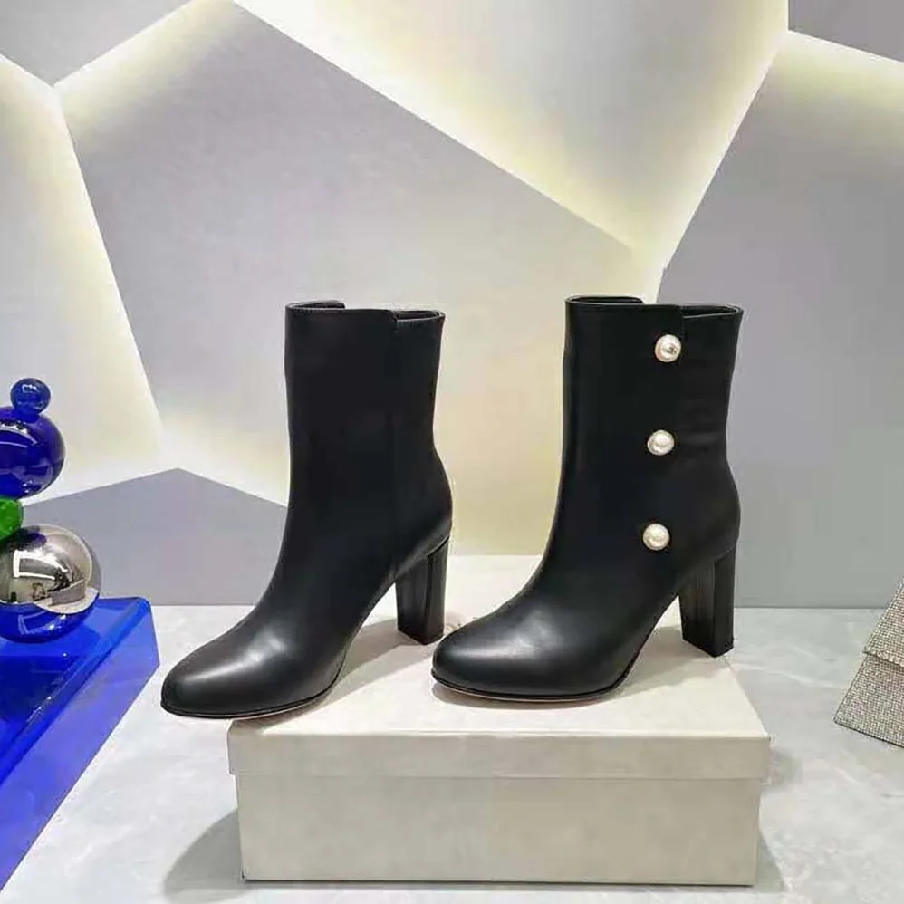 Jimmy Choo Black Nappa Leather Mid for Women in Calf Boots with Pearls Jimmy Choo Black Nappa Leather Mid for Women in Calf Boots with Pearls