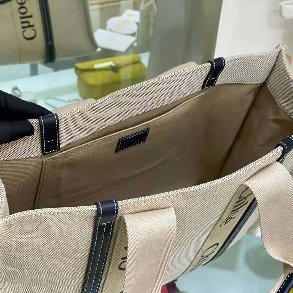 Chloe Large Woody Tote Bag in Cotton Canvas and Shiny Calfskin with Woody Ribbo for Women Chloe Large Woody Tote Bag in Cotton Canvas and Shiny Calfskin with Woody Ribbo for Women