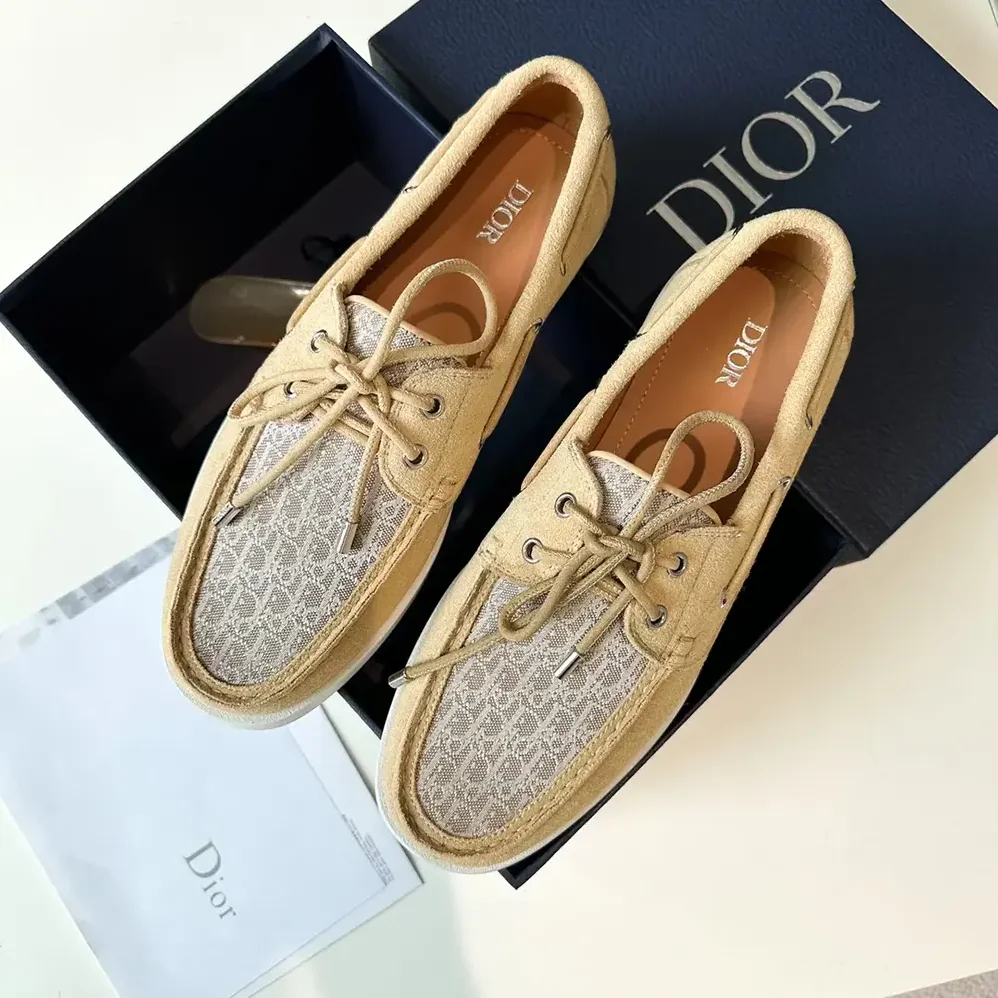 Dior Granville Boat Shoe Beige Suede and Beige Dior Oblique Jacquard for Men Dior Granville Boat Shoe Beige Suede and Beige Dior Oblique Jacquard for Men