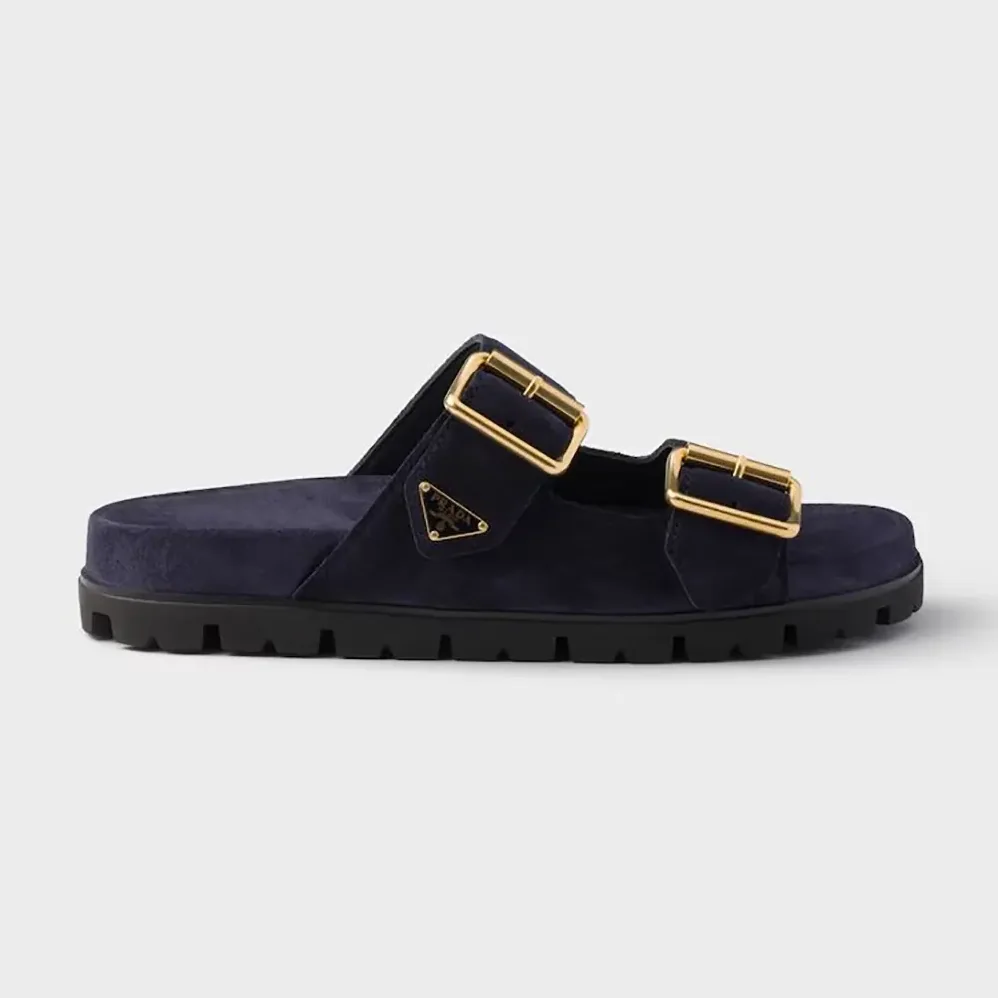 Prada Suede Strap Slides with Metal Buckle for Unisex in Navy Prada Suede Strap Slides with Metal Buckle for Unisex in Navy
