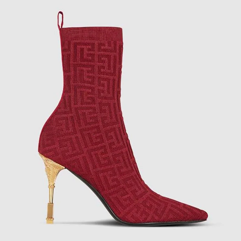 Balmain Moneta Monogrammed Knit Ankle Boots with Engraved Heel for Women in Red