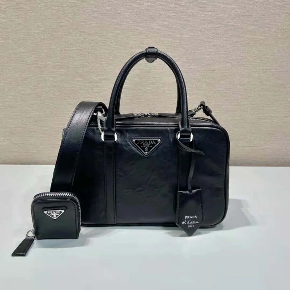 Prada Medium Antique Nappa Leather Top Handle Bag for Women in Black