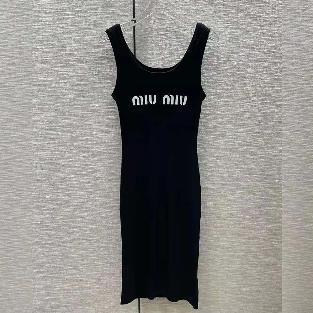 Miu Miu Viscose Dress with Intarsia Logo for Women in Black Miu Miu Viscose Dress with Intarsia Logo for Women in Black