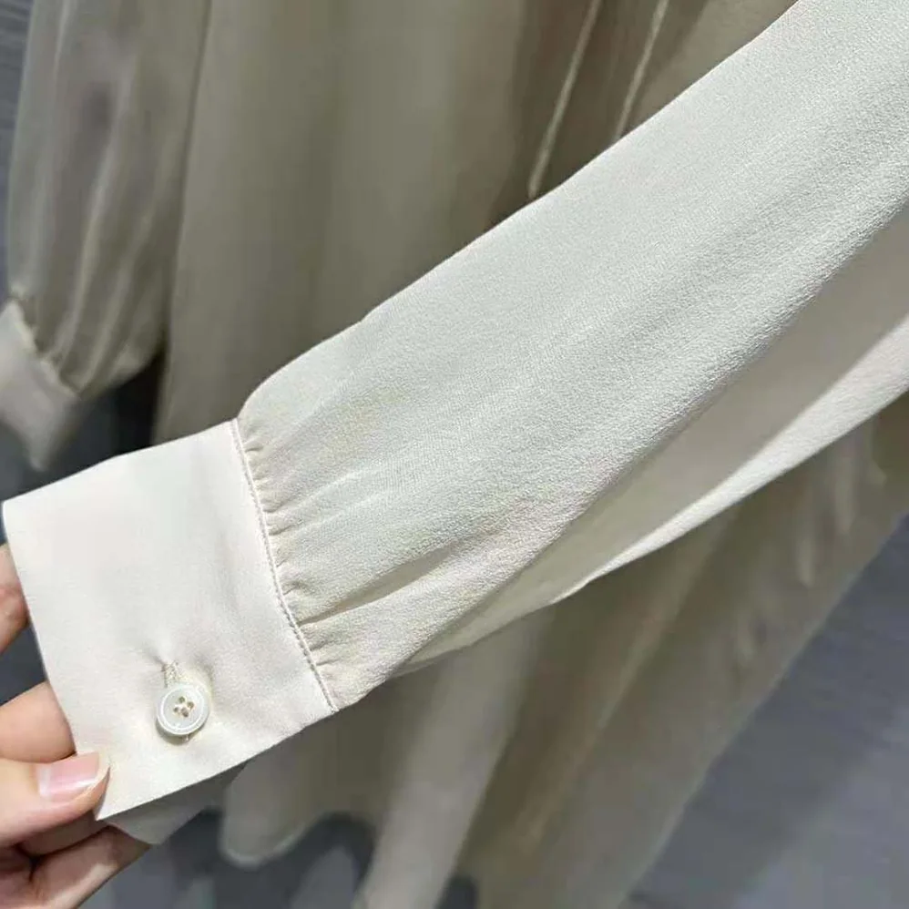 Celine Jabot Dress in Lightweight Silk Sablé for Women in Beige Celine Jabot Dress in Lightweight Silk Sablé for Women in Beige
