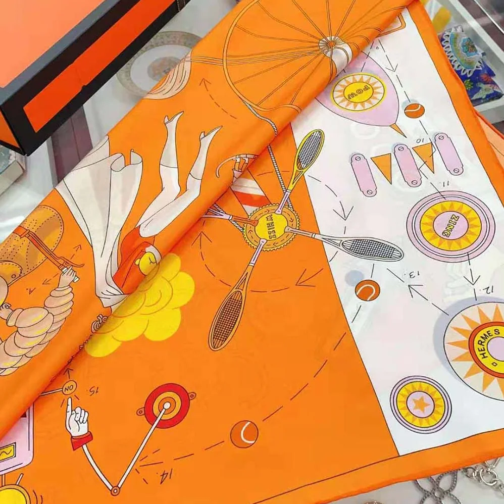 Hermes Tea for Two Scarf 90 in Silk Twill with Hand-Rolled Edges for Women in Orange Hermes Tea for Two Scarf 90 in Silk Twill with Hand-Rolled Edges for Women in Orange