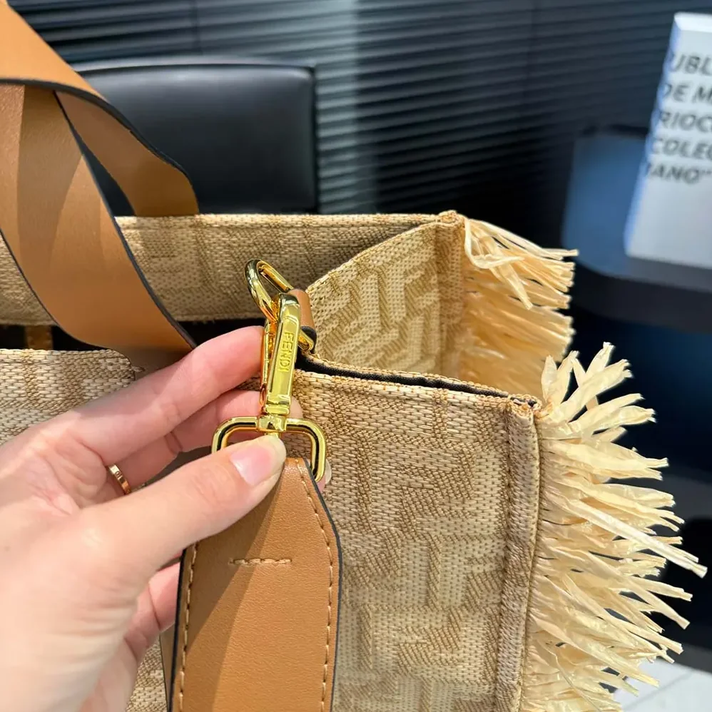 Fendi Summer Tote Jacquard Fabric Bag with Raffia FF for Women