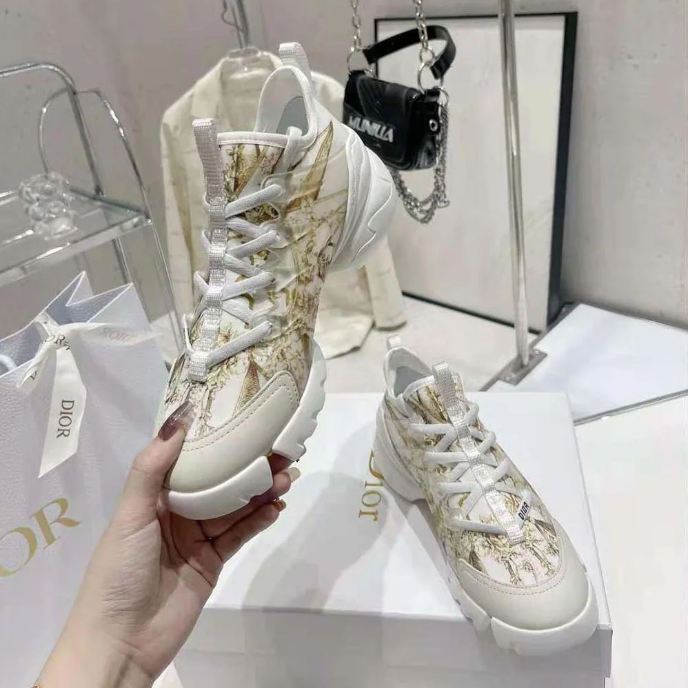 Dior D-Connect Sneaker White and Gold-Tone Technical Fabric with Rêve D'Infini Print for Women
