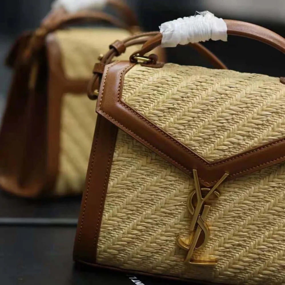 Saint Laurent YSL Cassandra Mini Top Handle Bag in Raffia and Vegetable for Women in tanned Leather Saint Laurent YSL Cassandra Mini Top Handle Bag in Raffia and Vegetable for Women in tanned Leather