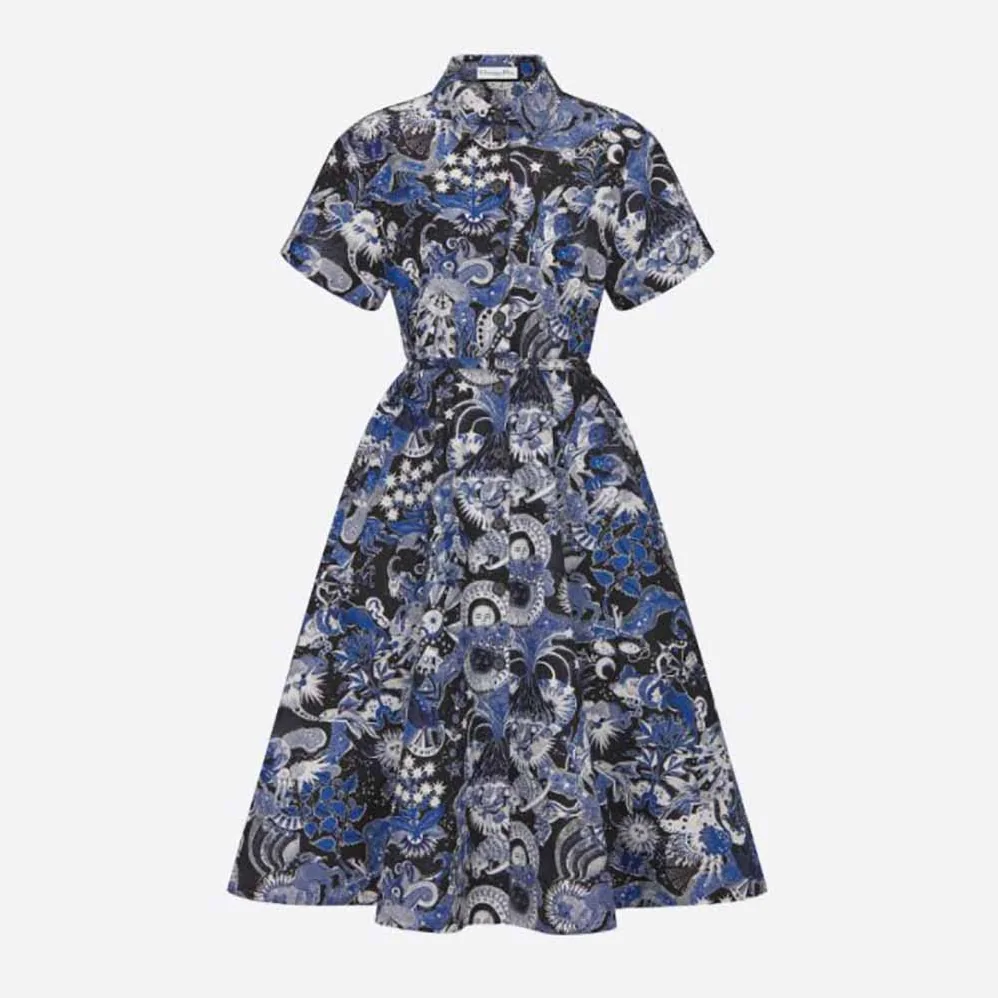 Dior Mid-Length Belted Dress Blue Dior Zodiac Fantastico Cotton Poplin for Women