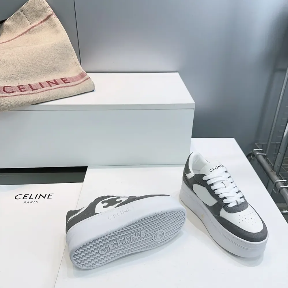 Celine Block Wedge Sneaker With Triomphe Patch In Calfskin And Suede Calfskin for Women in Gray Celine Block Wedge Sneaker With Triomphe Patch In Calfskin And Suede Calfskin for Women in Gray