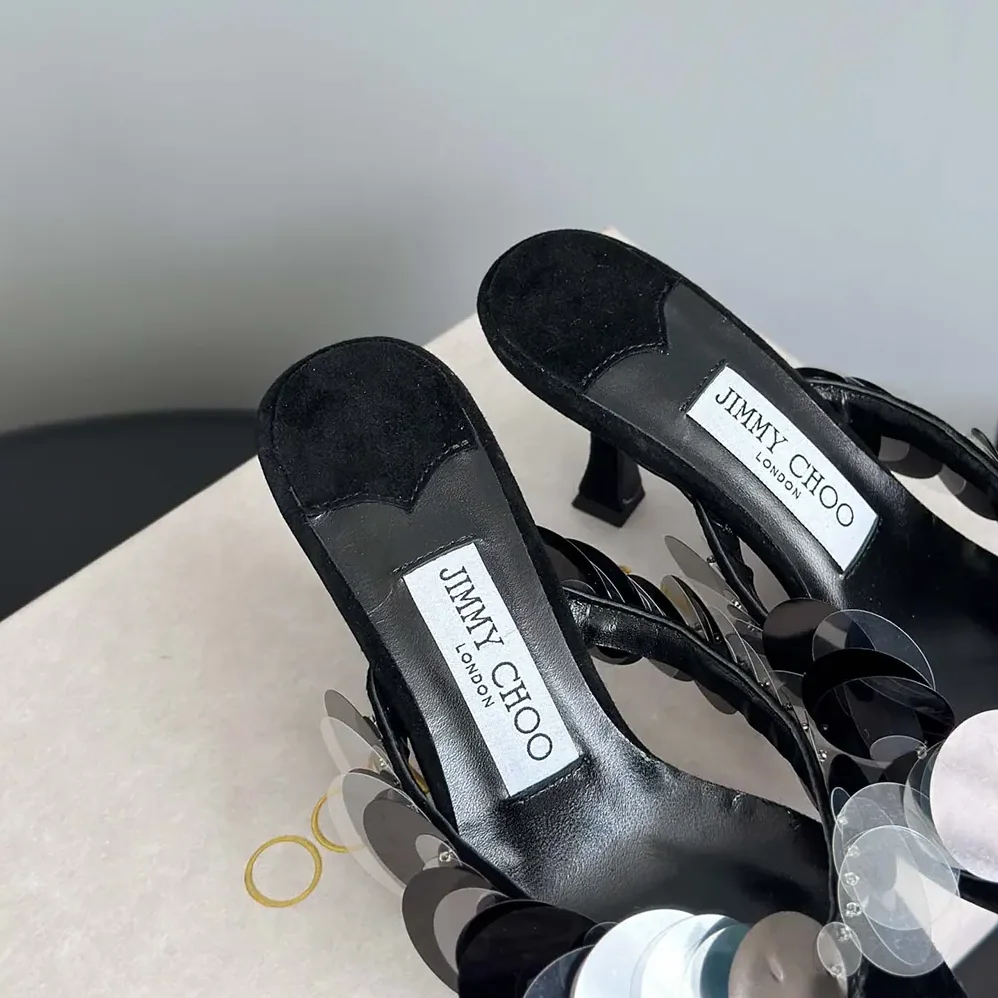 Jimmy Choo Freja 70 Black Suede Paillette Sandals for Women