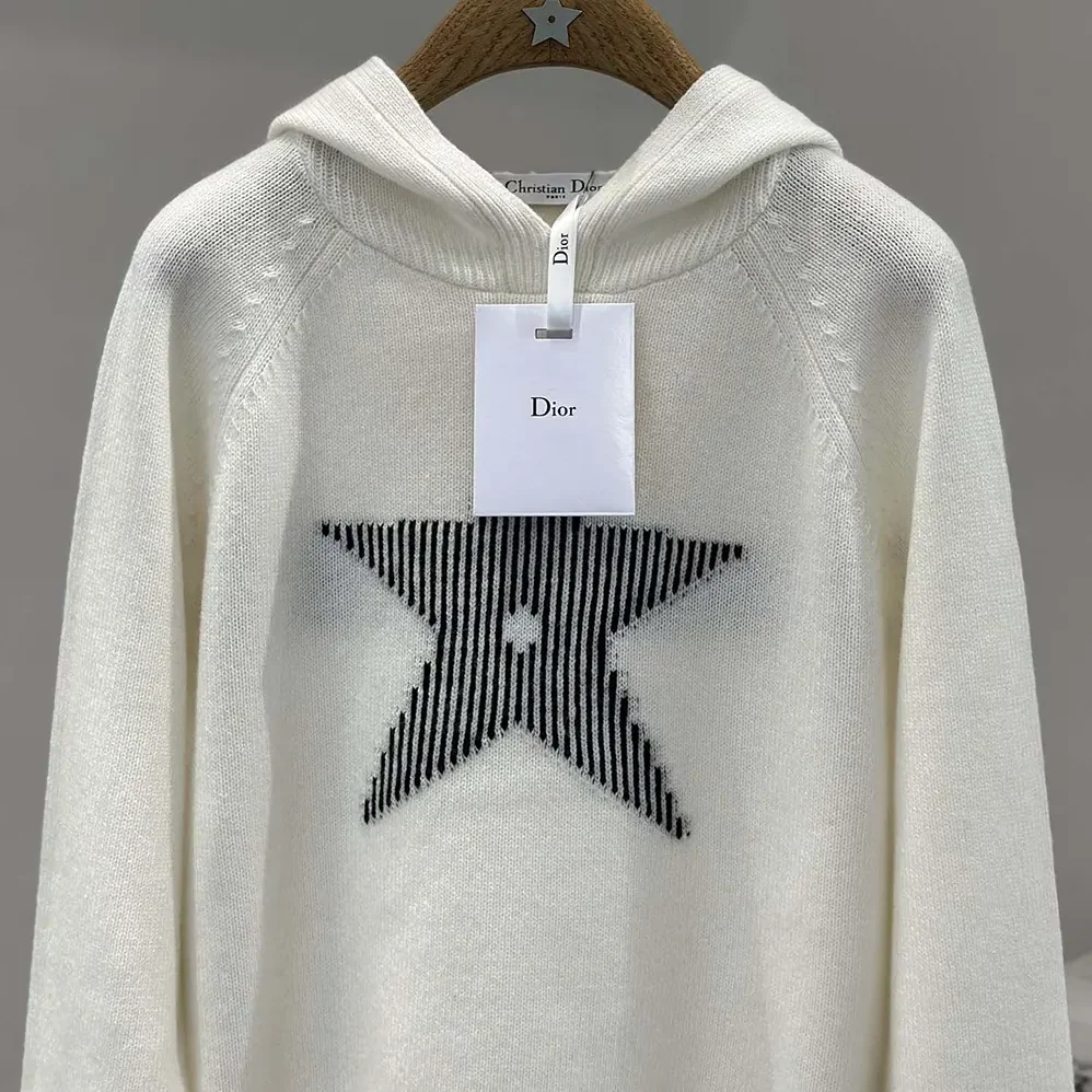 Dior DiorAlps Hooded Sweater White Wool and Cashmere Knit with Navy Blue Dior Star Motif for Women