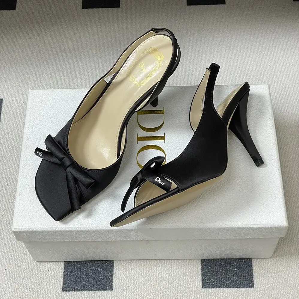 Dior Dior Bow Heeled Slingback Sandal Black Satin for Women