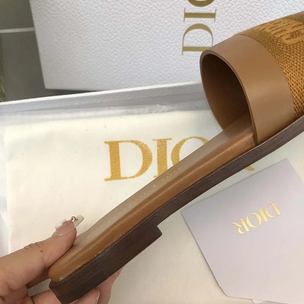 Dior Dway Slide Camel Calfskin and Embroidered Cotton for Women