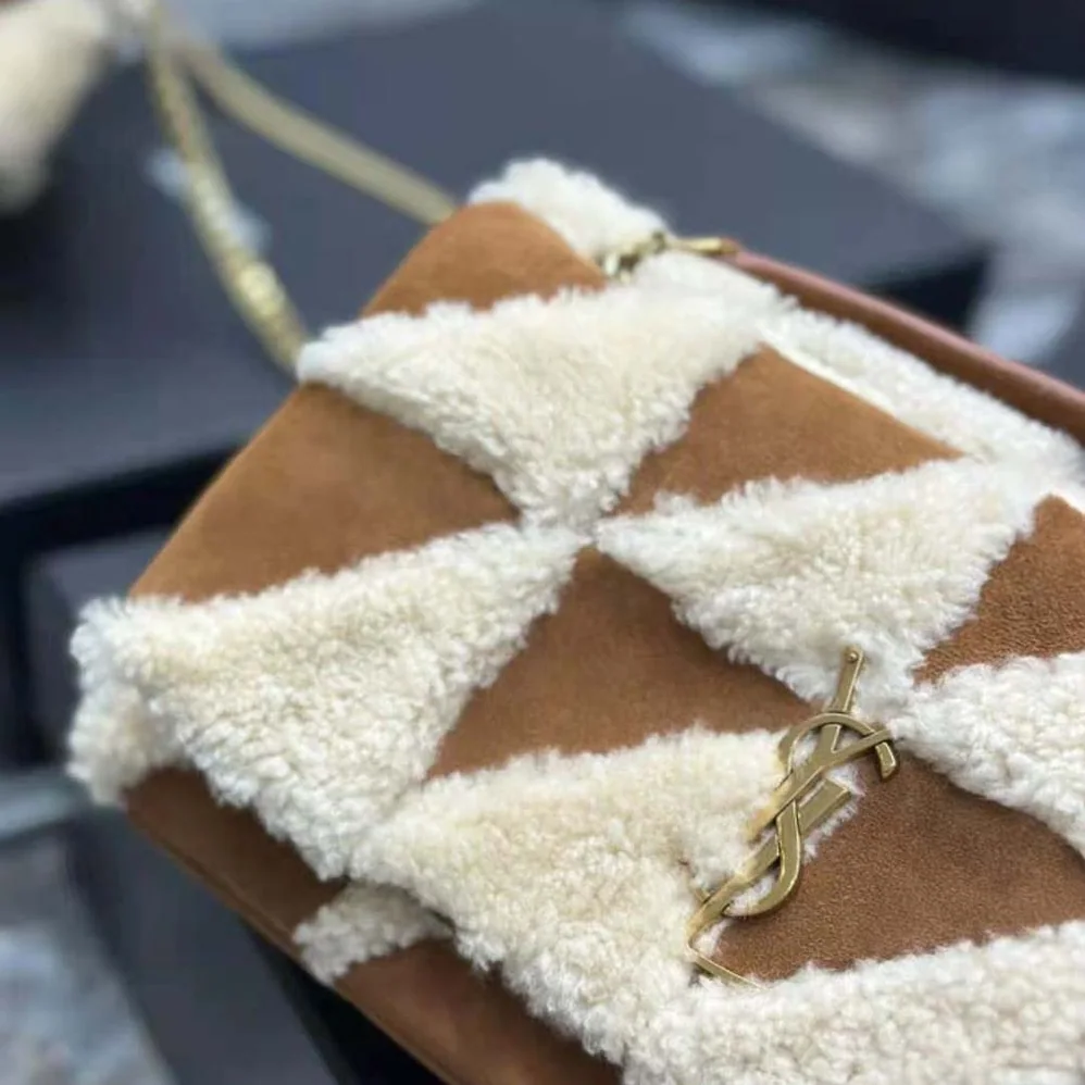 Saint Laurent YSL Jamie Medium Chain Bag “Carré Rive Gauche” in Suede and Shearling Patchwork for Women