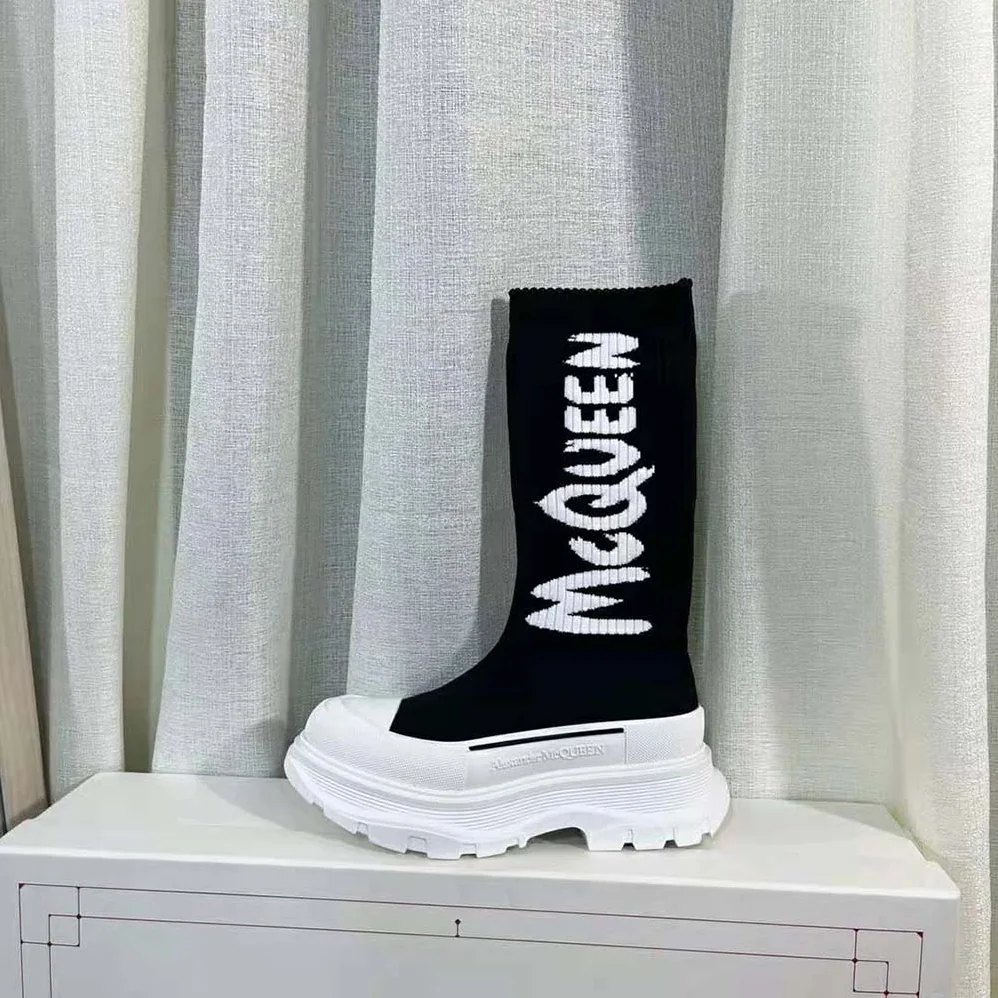 Alexander Mcqueen McQueen Graffiti Knit Tread Slick Boot in Black for Women in White Alexander Mcqueen McQueen Graffiti Knit Tread Slick Boot in Black for Women in White