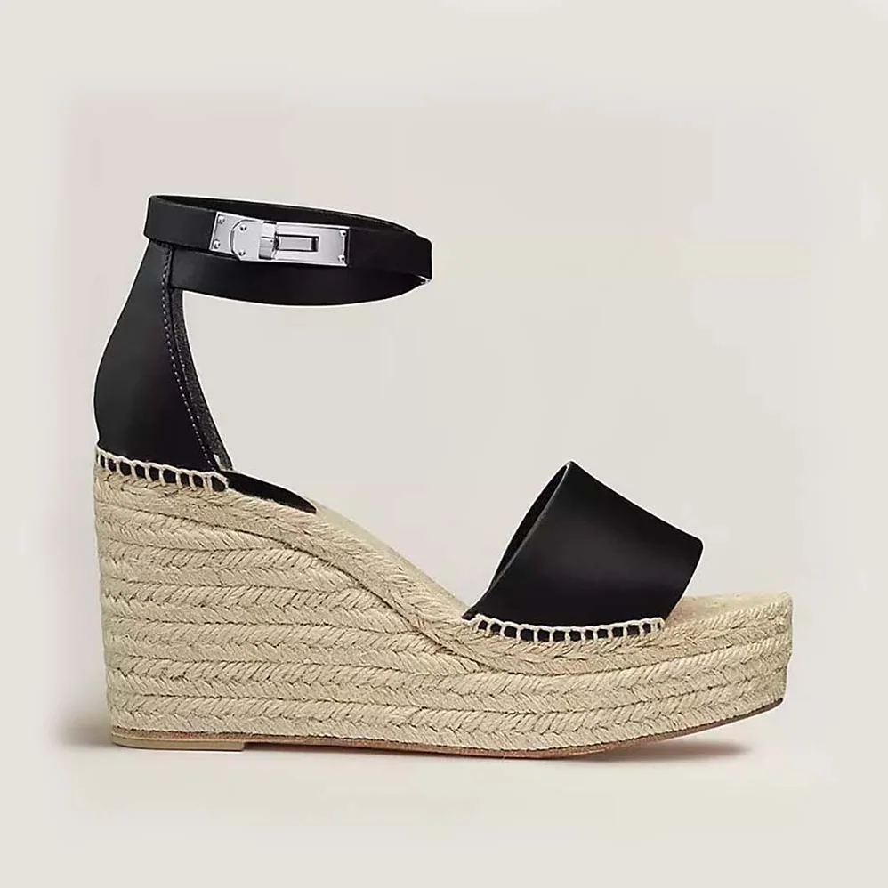 Hermes Tipoli Espadrille in Calfskin with Wrap-Around Ankle Strap for Women in Black Hermes Tipoli Espadrille in Calfskin with Wrap-Around Ankle Strap for Women in Black