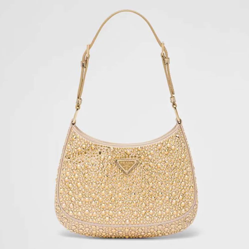 Prada Cleo Satin Bag with Crystals for Women in Gold Prada Cleo Satin Bag with Crystals for Women in Gold