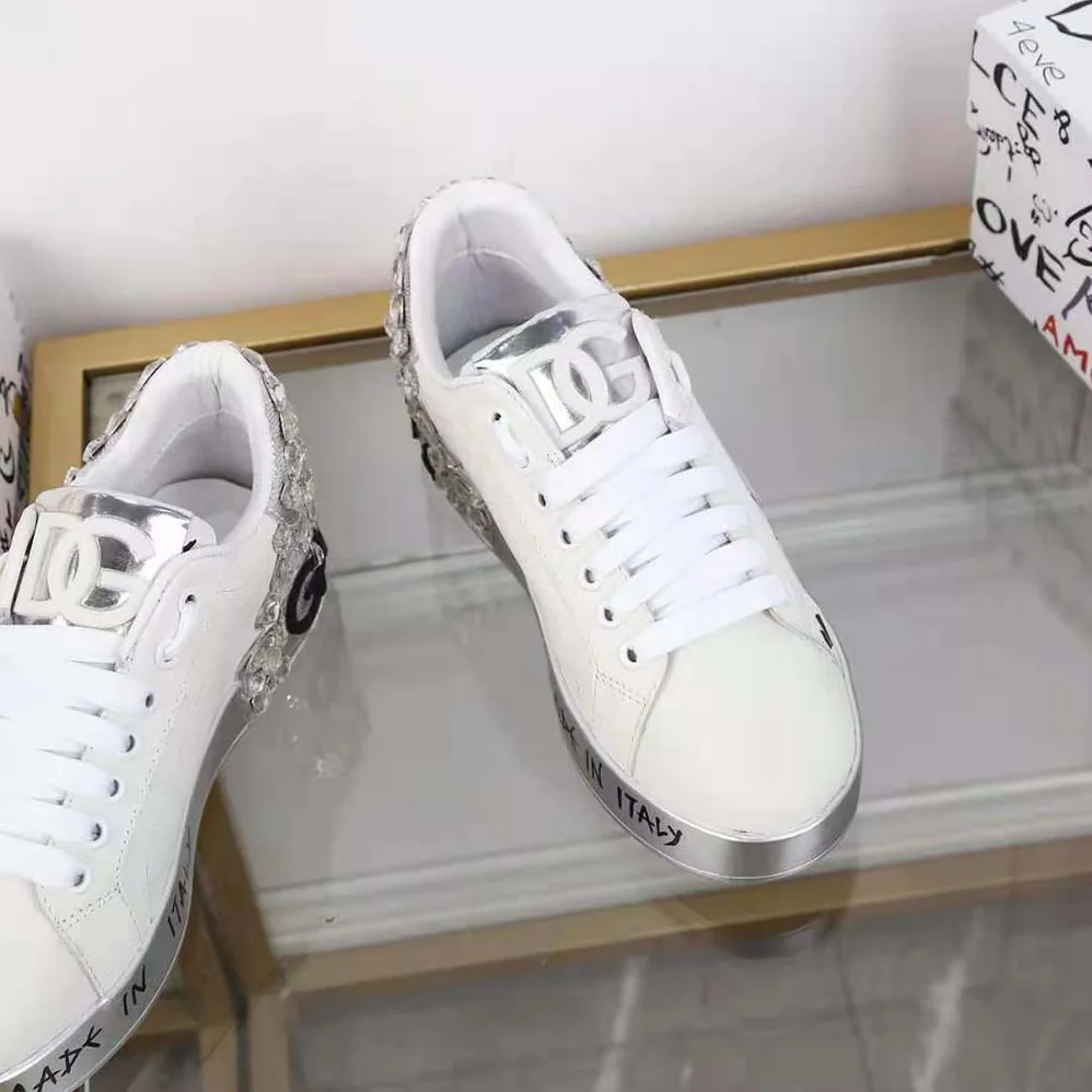 Dolce Gabbana D&G Printed Calfskin Nappa Portofino Sneakers with DG Logo and Embroidery for Men in Silver