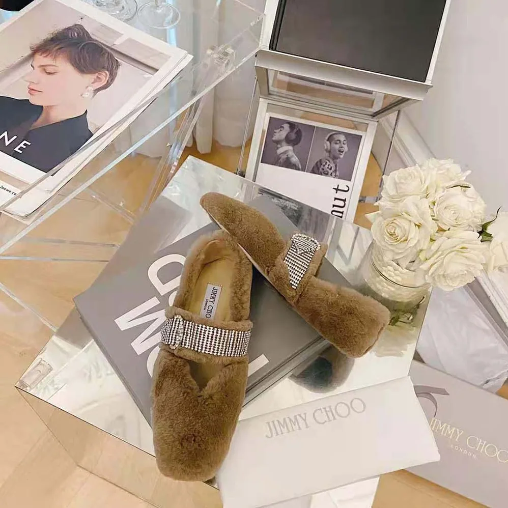 Jimmy Choo Krista Flat Latte Faux Fur Flats with Crystal for Women in Embellished Strap Jimmy Choo Krista Flat Latte Faux Fur Flats with Crystal for Women in Embellished Strap