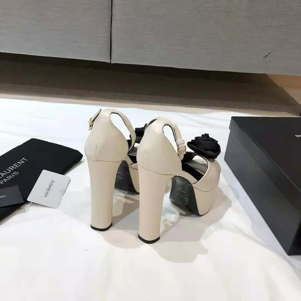 Saint Laurent YSL Jodie Platform Sandals in Smooth Leather with Silk Satin Flower for Women in White