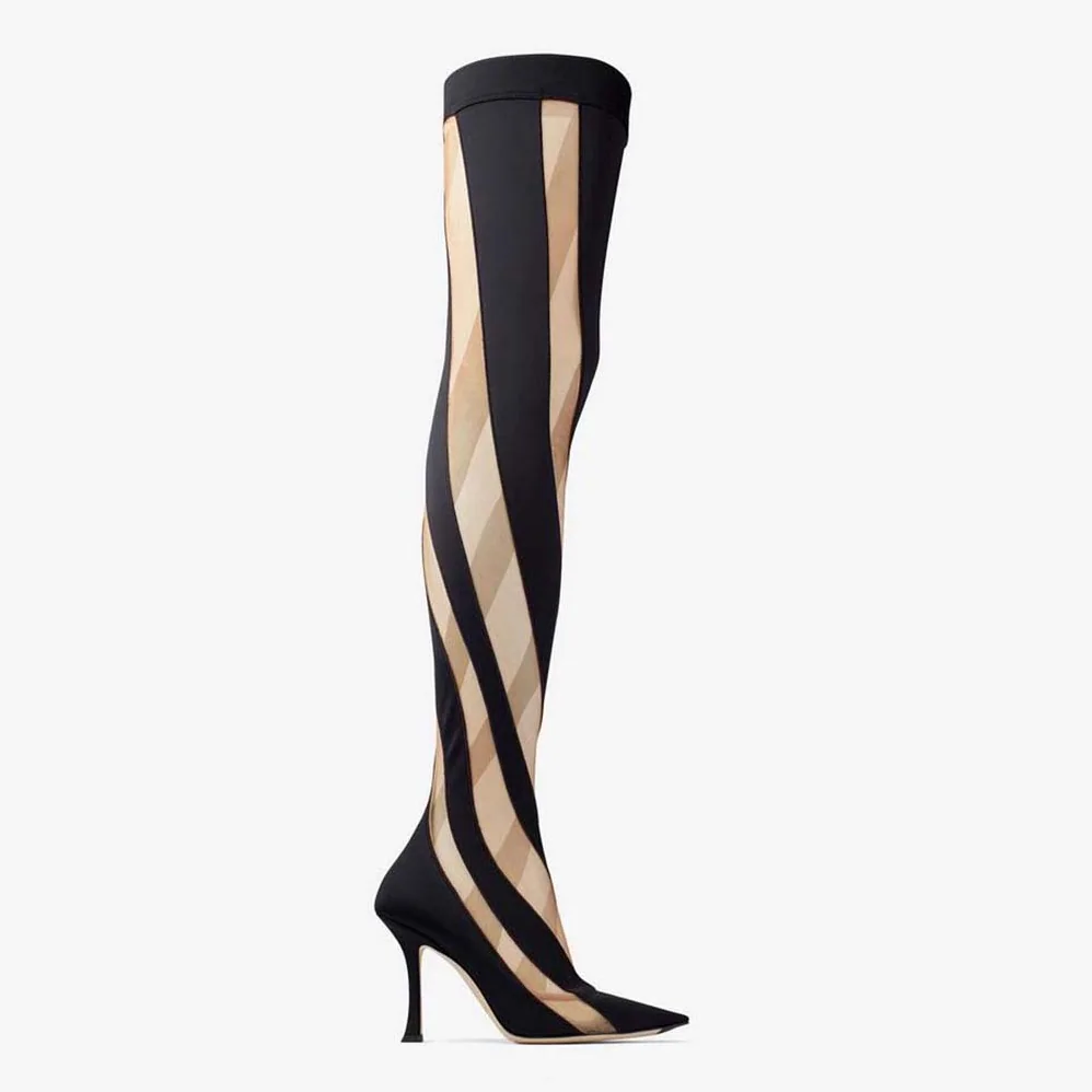 Jimmy Choo Mugler Sock OTK Boot Black and Nude Sheer Spiral Stretch Fabric Sock Over-The for Women in Knee Boots Jimmy Choo Mugler Sock OTK Boot Black and Nude Sheer Spiral Stretch Fabric Sock Over-The for Women in Knee Boots