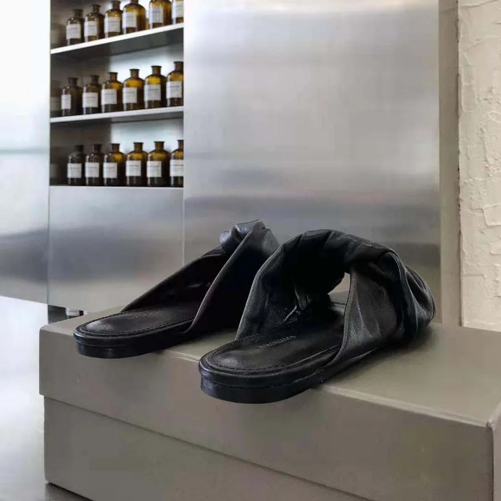 Balenciaga Drapy Flat Sandal in Black Smooth Nappa Lambskin for Women