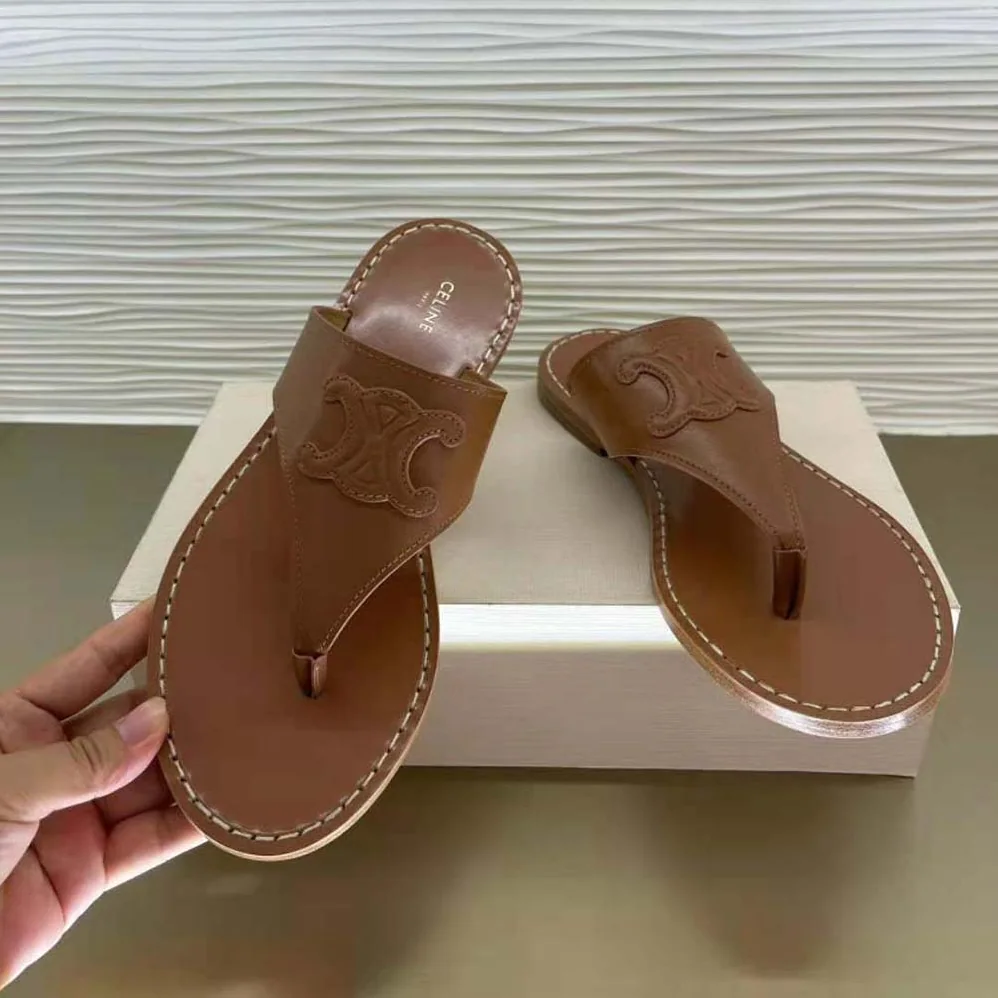Celine Triomphe Flat Thong in Calfskin for Women in Tan