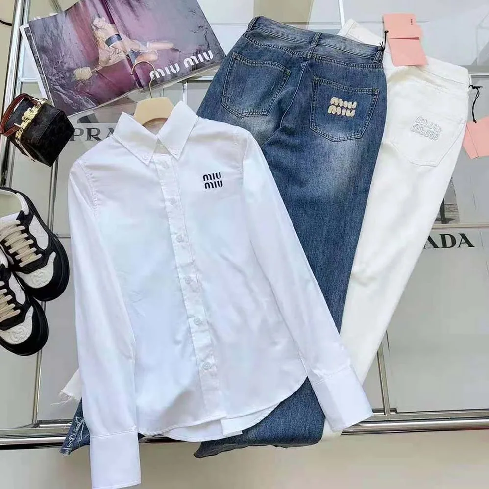 Miu Miu Cropped Poplin Shirt with Embroidered Logo for Women in White