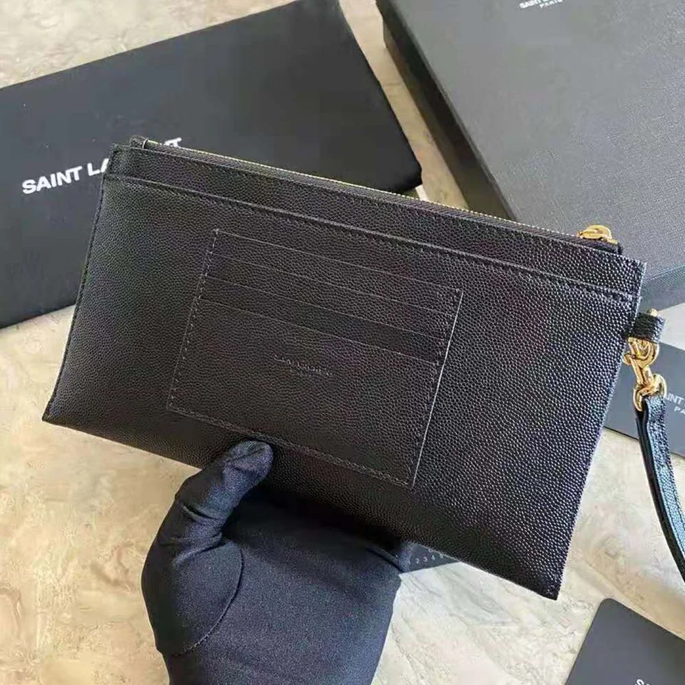 Saint Laurent YSL Large Monogram Bill Pouch in Grain DE Poudre Embossed Leather for Women in Black