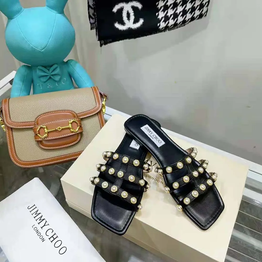 Jimmy Choo Hazal Flat Black Nappa Caged Flats with Pearl Studs for Women
