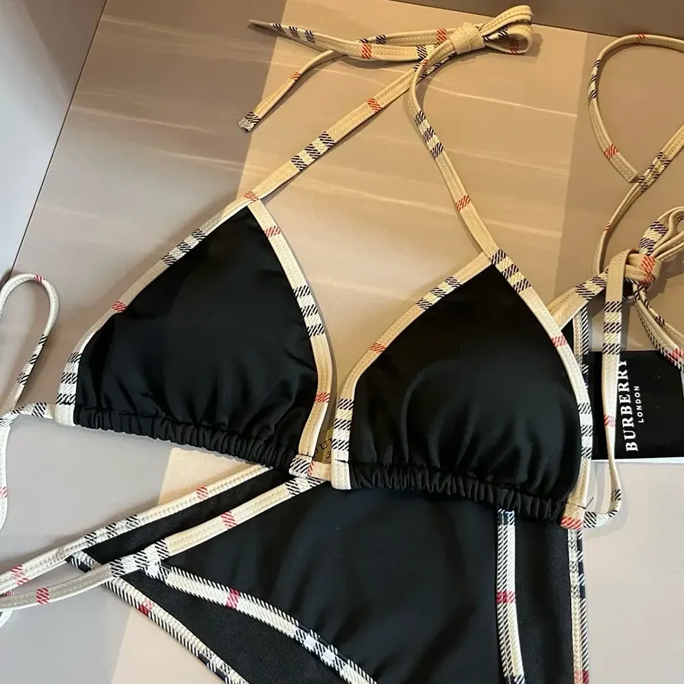 Burberry Check Trim Triangle Bikini for Women in Black Burberry Check Trim Triangle Bikini for Women in Black