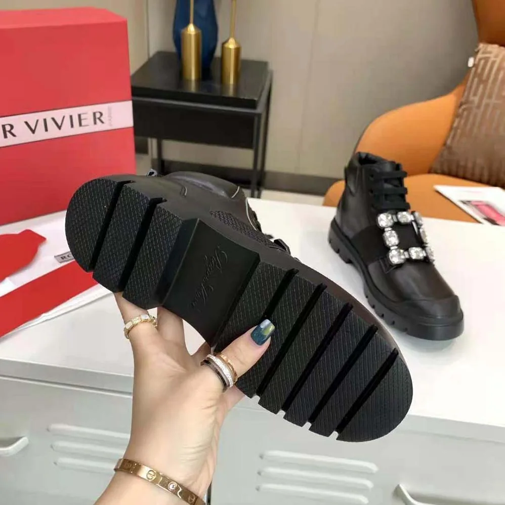 Roger Vivier Walky Viv' Lace Up Strass Buckle Booties in Leather for Women Roger Vivier Walky Viv' Lace Up Strass Buckle Booties in Leather for Women