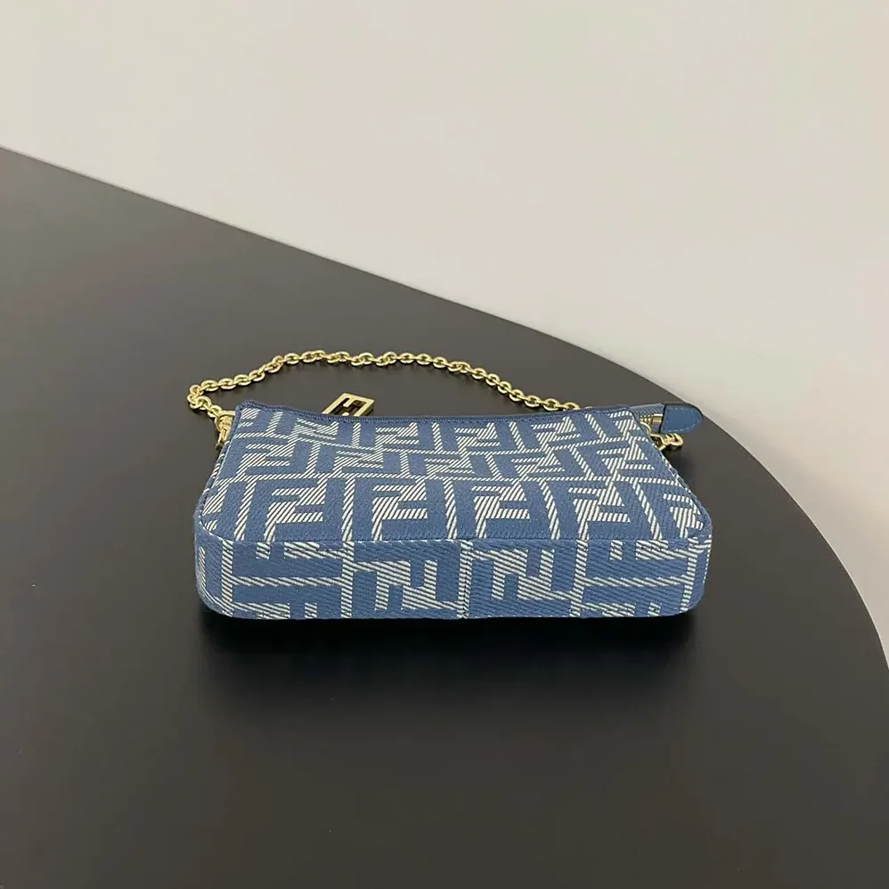 Fendi Baguette Pouch Blue Denim-effect FF Jacquard Charm Pouch with Chain for Women