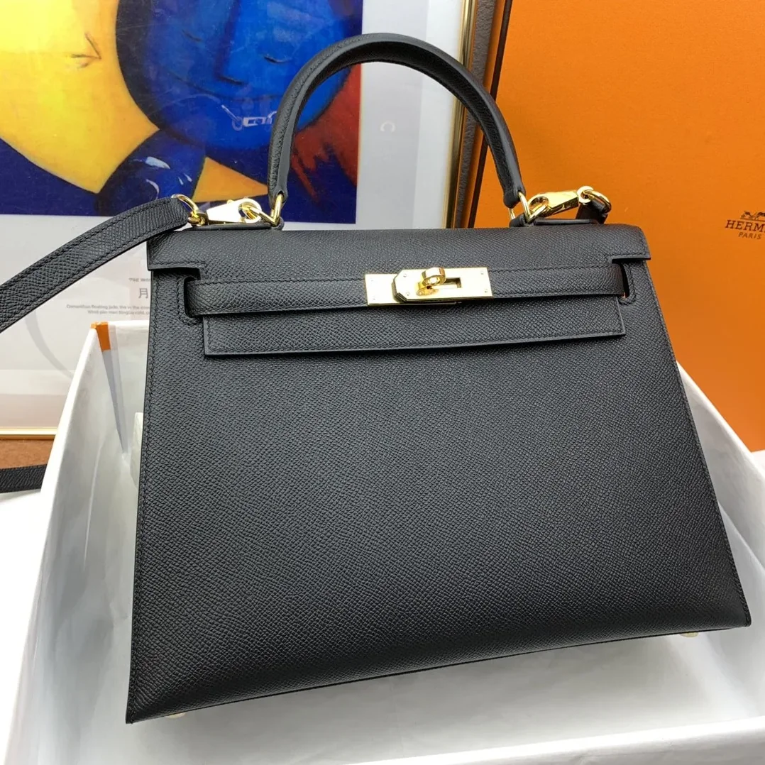 Hermes Kelly 28 Sellier Epsom Black Bag