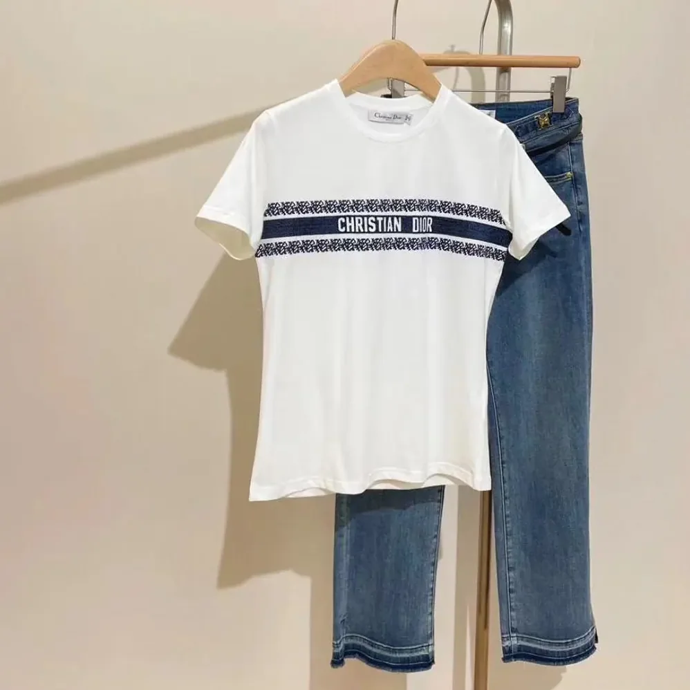 Dior T-Shirt White and Navy Blue Cotton Jersey for Men