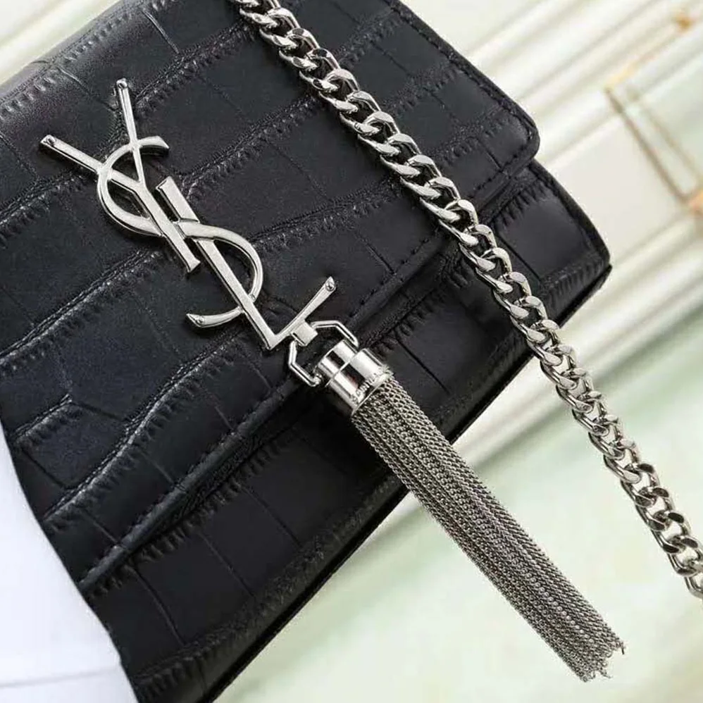 Saint Laurent YSL Kate Tassel Chain Wallet Crocodile Embossed for Women in Black Saint Laurent YSL Kate Tassel Chain Wallet Crocodile Embossed for Women in Black