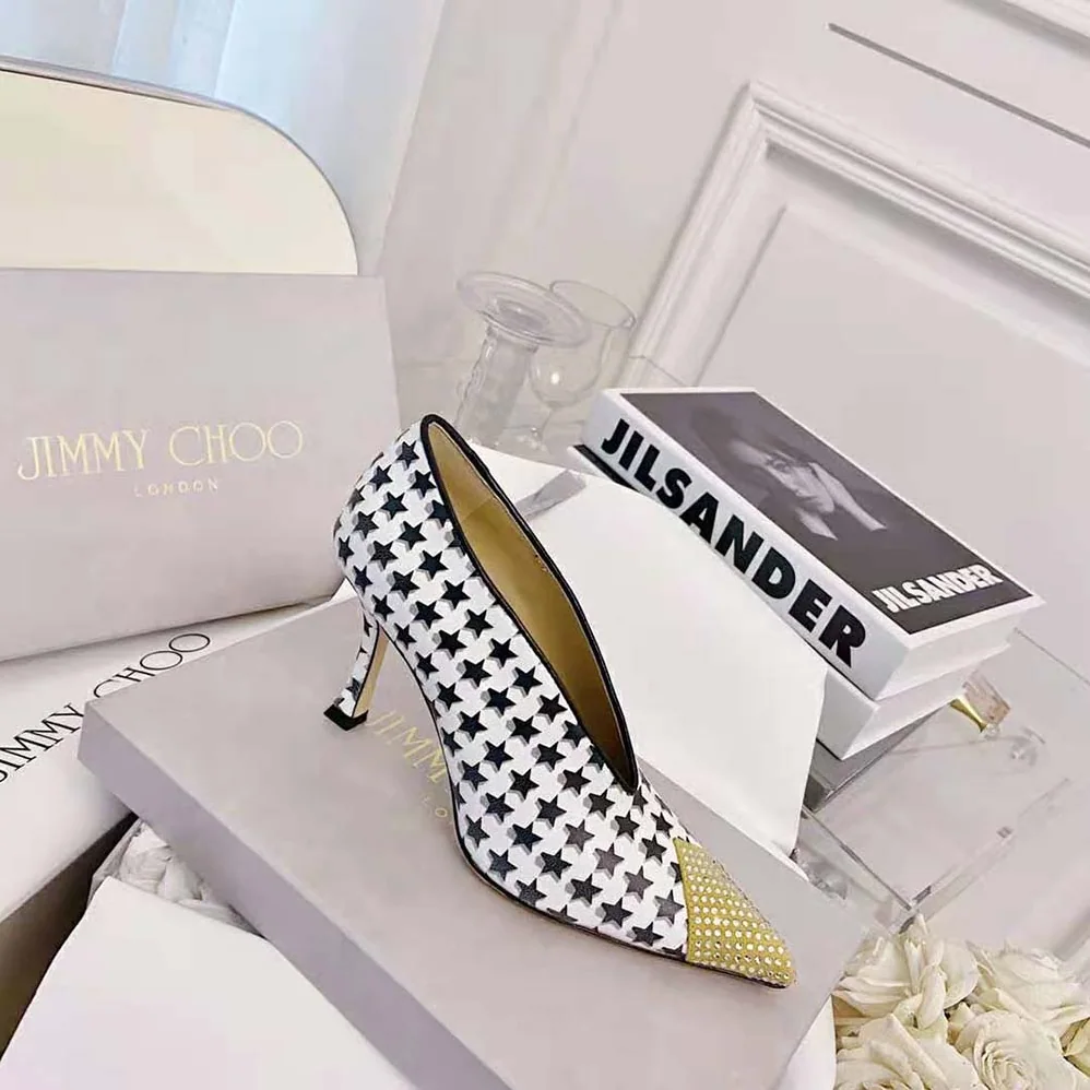 Jimmy Choo Nicole 90 Latte and Black Star Houndstooth Printed Wool Pumps for Women