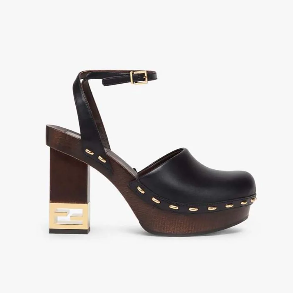 Fendi Baguette Show Black Leather High for Women in Heeled Clogs