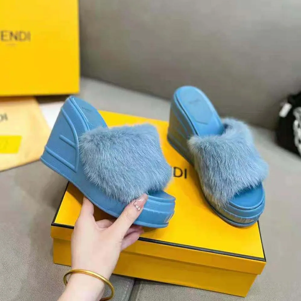 Fendi Fashion Show Blue Mink Slides for Women