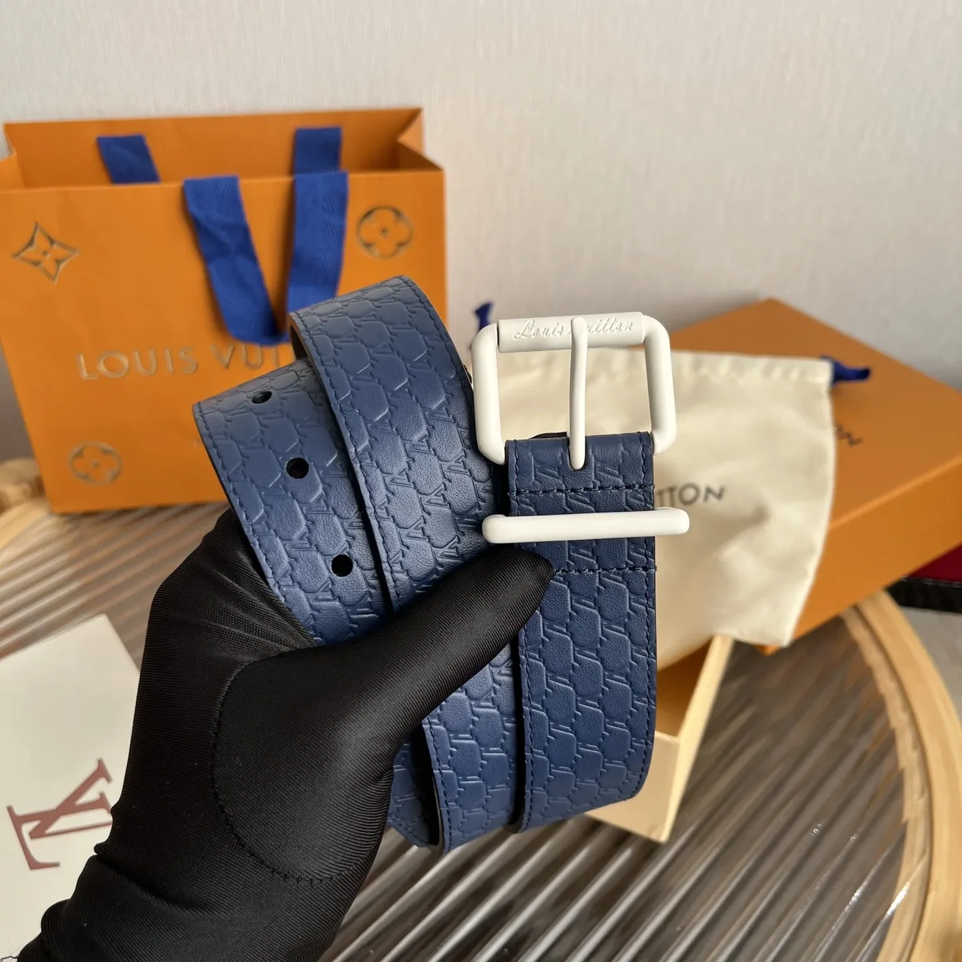 Louis Vuitton LV Initiales Embossed Belt Navy Blue With Matte White Buckle Louis Vuitton LV Initiales Embossed Belt Navy Blue With Matte White Buckle