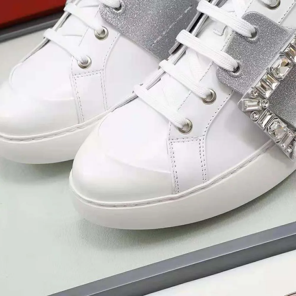 Roger Vivier Viv' Skate Glitter Strass Buckle Sneakers in Soft Leather for Women in Silver Roger Vivier Viv' Skate Glitter Strass Buckle Sneakers in Soft Leather for Women in Silver